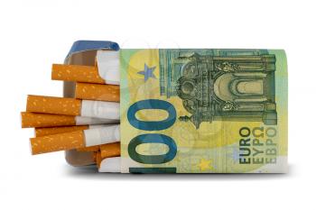 Package of cigarette wrapped with one hundred Euro banknote. Smoking is bad for your health, actually burning / wasting money . Isolated on white background.Rising cost of cigarettes.