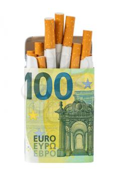 Cigarette pack wrapped in Euro currency tells about cost of smoking, isolated on white.