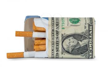 Pack of cigarette wrapped with dollar banknote. Expensive habit.