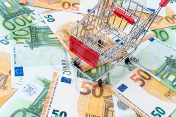 Shopping cart on euro banknotes  -  purchase concept