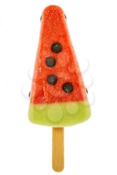 Watermelon ice cream shape with wood stick isolated on white background.
