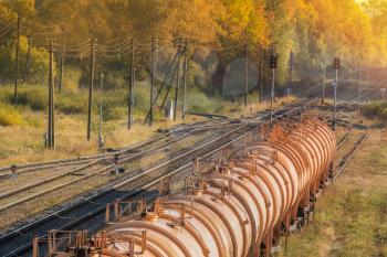 Set of train tanks with fuel and oil transport by rail