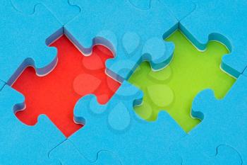 Missing red and green puzzle pieces. Make a right choise or decision.