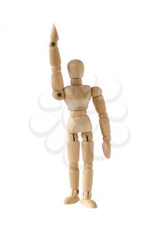 Wooden model raise his hand, isolated on white background