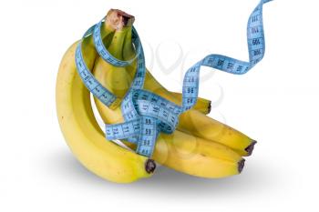 Diet or healthy eating concept concept with  banana and measure tape. Isolated on white background.