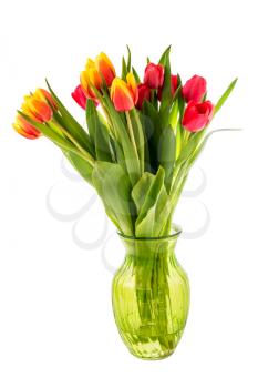 Tulip flowers in a green vase,  isolated on white background.