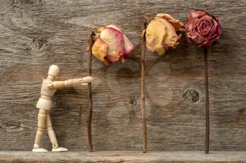 Wooden man and three dried roses on the wooden background