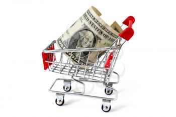 Shopping cart and dollar on the white background