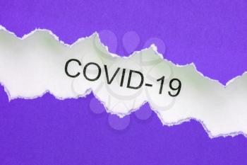 Top view of purple torn paper and the text COVID-19. Coronavirus, COVID-19, self-quarantine, isolation.