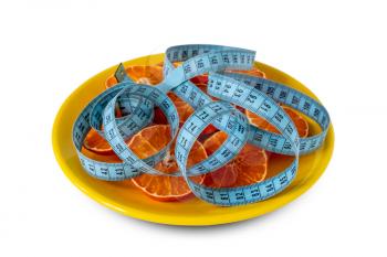 Orange slices and measure tape in the dinner plate