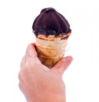 Hand holding  chocolate icecream over white background