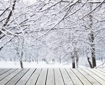 Winter background with snowy park and walkway
