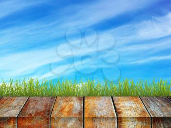 Green grass with wooden pier over sky background