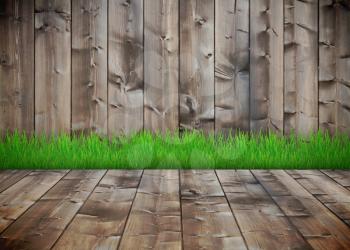 Dark wooden wall interior pattern and growing grass in corner