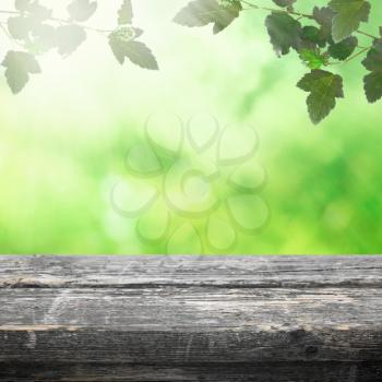 Wooden table for object on spring background
