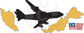 Royalty Free Clipart Image of a Plane Flying Over Malaysia