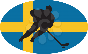 hockey player on background of flag of Sweden