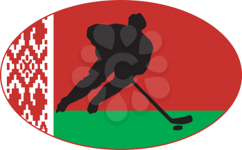 hockey player on background of flag of Belarus