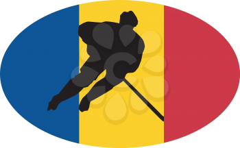 hockey player on background of flag of Romania