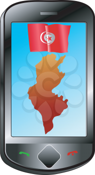Mobile phone with flag and map of Tunisia