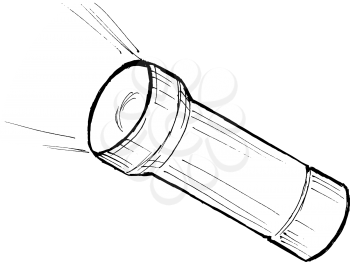 hand drawn, cartoon, sketch illustration of metallic flashlight