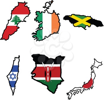 Illustration of flag in map of Ireland,Jamaica,Japan,Kenya,Lebanon