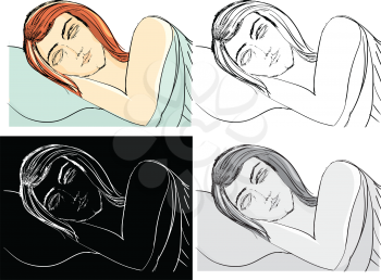 hand drawn, cartoon, sketch illustration of sleeping woman