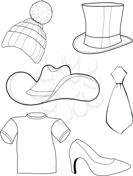 set of vector, outline illustrations of clothes and accessories