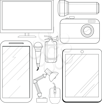 set of vector, outline illustrations of consumer electronics