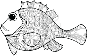 Cartoon, hand drawn, vector doodle illustration of fish. Motive of marine life