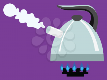Boiling kettle on gas burner. Kitchen, tea, coffee and preparing food and drinks concepts. Home, cafe and restaurant objects. Vector illustration