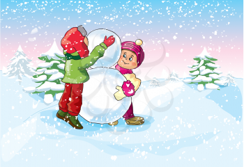 Illustration of a Boy and a Girl making a Snowman 