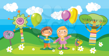 A vector illustration of a boy and a girl with a balloons