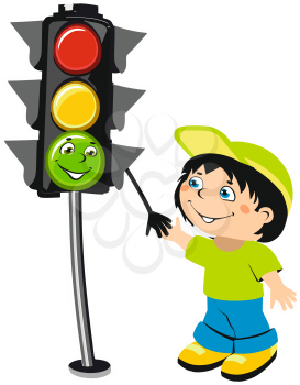 Cute cartoon boy and traffic light