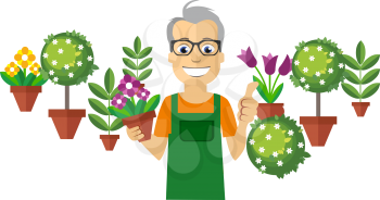 Flat Florist. Colorful Flowers and Little Trees on Background. Vector Illustration