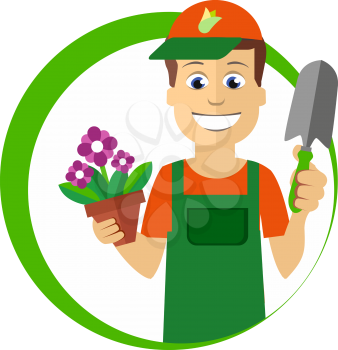 Flat Florist holding the pot with flowers. Vector Illustration
