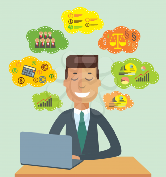Businessman thinking about business things. Cartoon character.Vector illustration