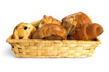 Buns, croissants, bread sticks in a wicker basket isolated on white background