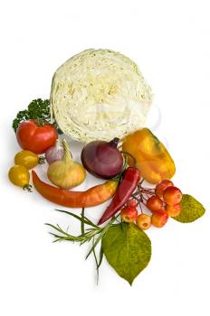 Half of the cabbage, red and yellow tomatoes, colored onions, garlic, wild apples, tarragon, parsley, sweet and hot peppers isolated on white background