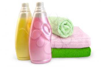 Two bottles of rinser pink and yellow, a stack of towels in isolation on a white background