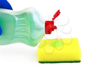 Bottle of detergent, a yellow sponge, green transparent gel, hand in glove blue isolated on white background