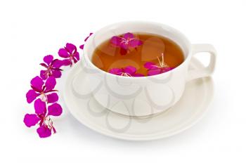 Herbal tea in a white cup with fireweed, fireweed pink flowers on a table isolated on white background