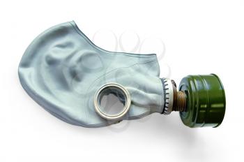Grey rubber respirator with a green filter in isolation on a white background