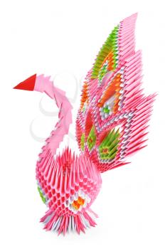 Origami in the form of a pink bird with the iridescent tail is isolated on a white background