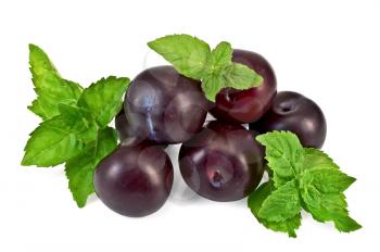 A few plums with sprigs of green mint isolated on white background
