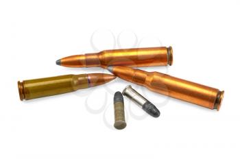 Three bullets for the automatic weapons and two for small-bore rifle isolated on a white background