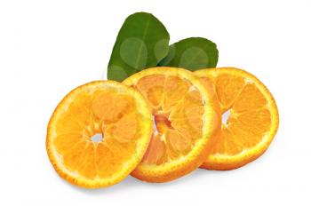 Three slices of mandarin orange and two green leaf isolated on white background