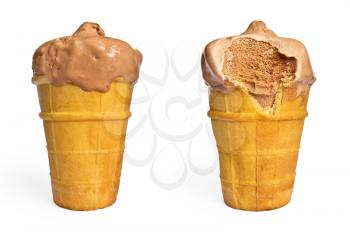 Two waffle cup of chocolate ice cream isolated on white background