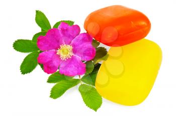 Red and yellow soap with pink flower wild rose and green leaves isolated on white background