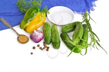 Cucumbers, sweet peppers, mustard seeds in a teaspoon, a pea sweet pepper, garlic, a sprig of tarragon, dill, umbrella, cup with salt and blue tissue paper isolated on white background